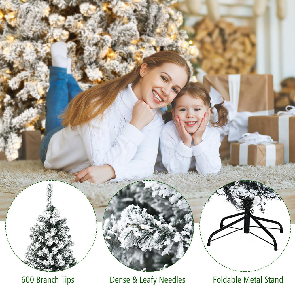 Costway 6ft Pre-Lit Premium Snow Flocked Hinged Artificial Christmas Tree with 250 Lights