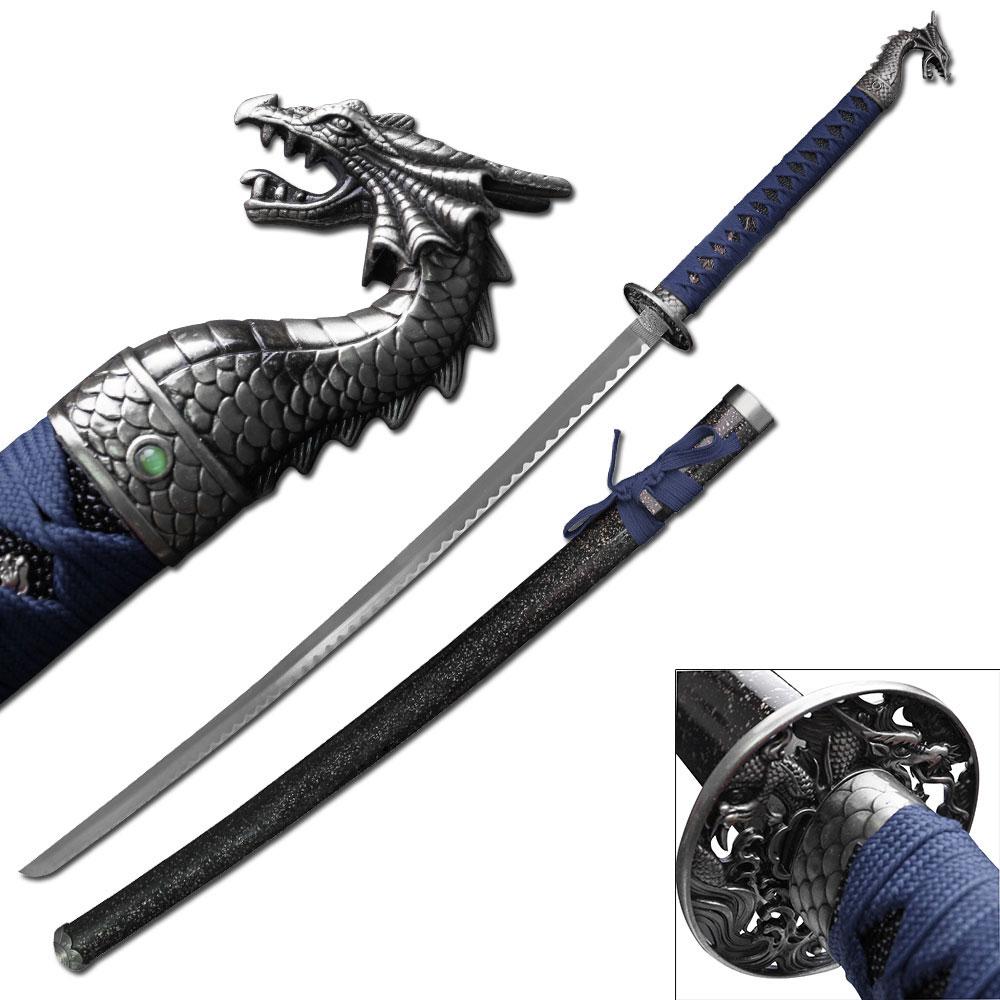NEW! 41.5" Silver Dragon Dark Blue Japanese Samurai Katana Sword