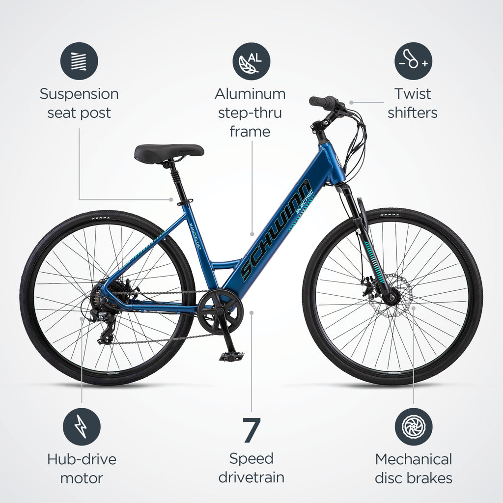 Schwinn Wanderlust Electric Hybrid Bike, 700c wheels, 7 speeds, 250-watt pedal assist motor, light blue