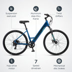Schwinn Wanderlust Electric Hybrid Bike, 700c wheels, 7 speeds, 250-watt pedal assist motor, light blue