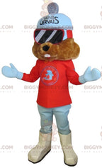 Brown Groundhog BIGGYMONKEYMascot Costume Dressed In Ski Outfit