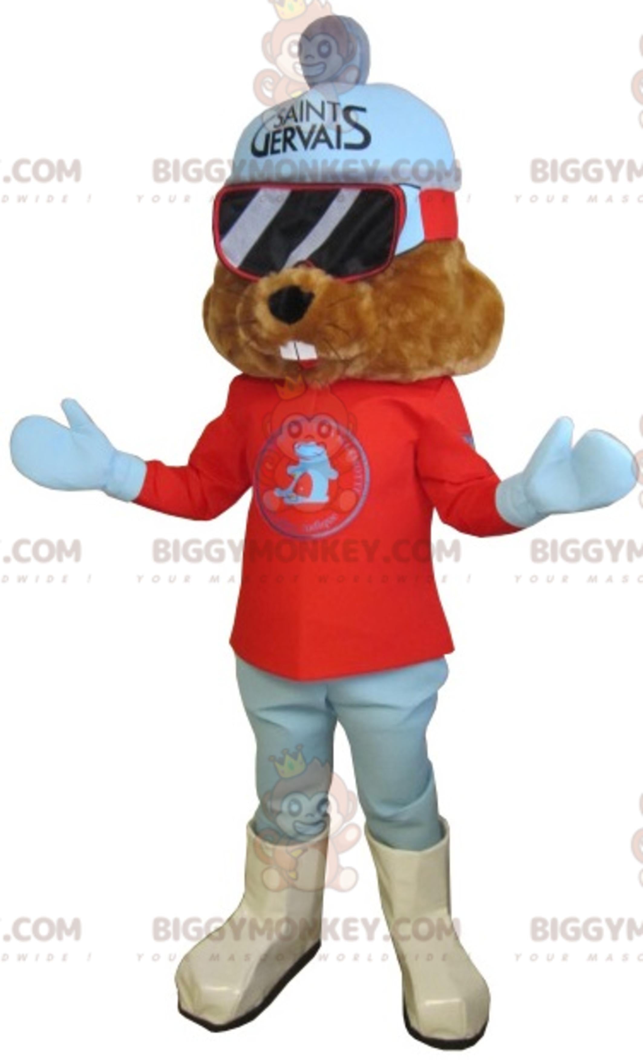 Brown Groundhog BIGGYMONKEYMascot Costume Dressed In Ski Outfit