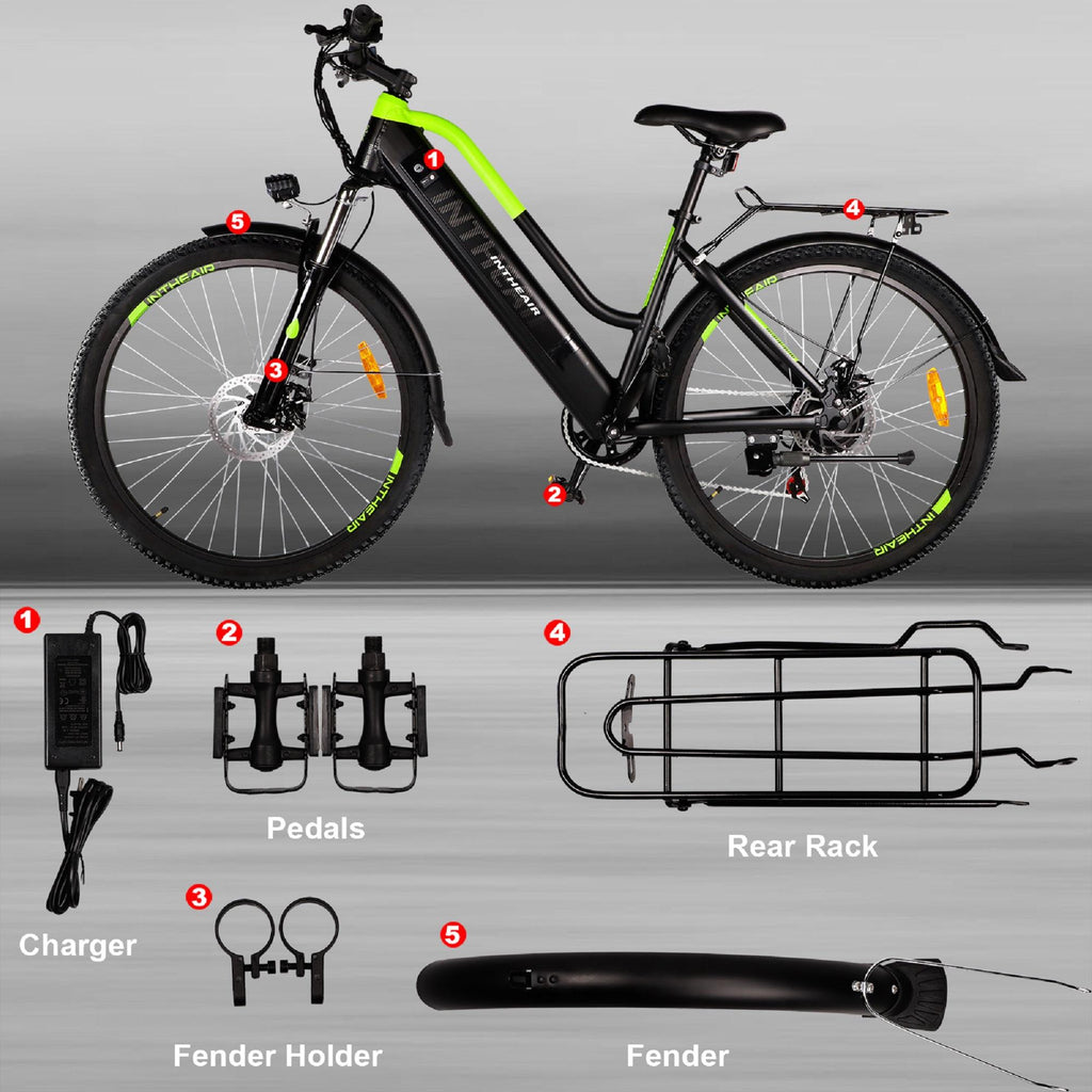 INTHEAIR Adults 26 In. 350 W Electric Mountain Commuter Bicycle for Women Men with 36 V/10.4 Ah Hidden Removable Battery, Fast Charge,  7 Speed Gears