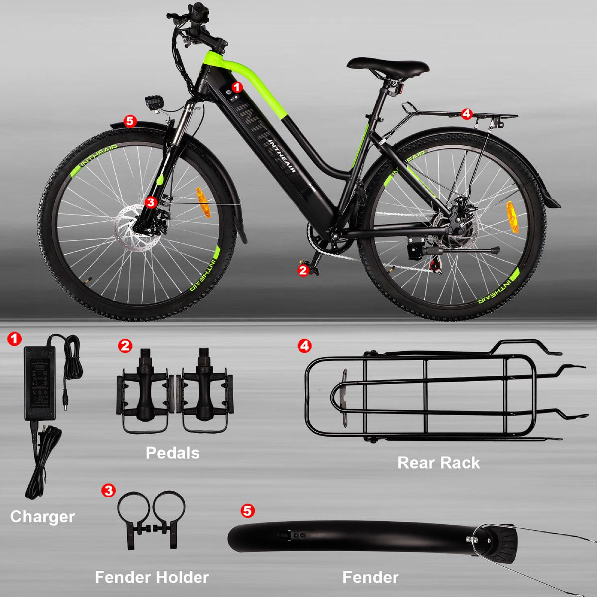 INTHEAIR Adults 26 In. 350 W Electric Mountain Commuter Bicycle for Women Men with 36 V/10.4 Ah Hidden Removable Battery, Fast Charge,  7 Speed Gears