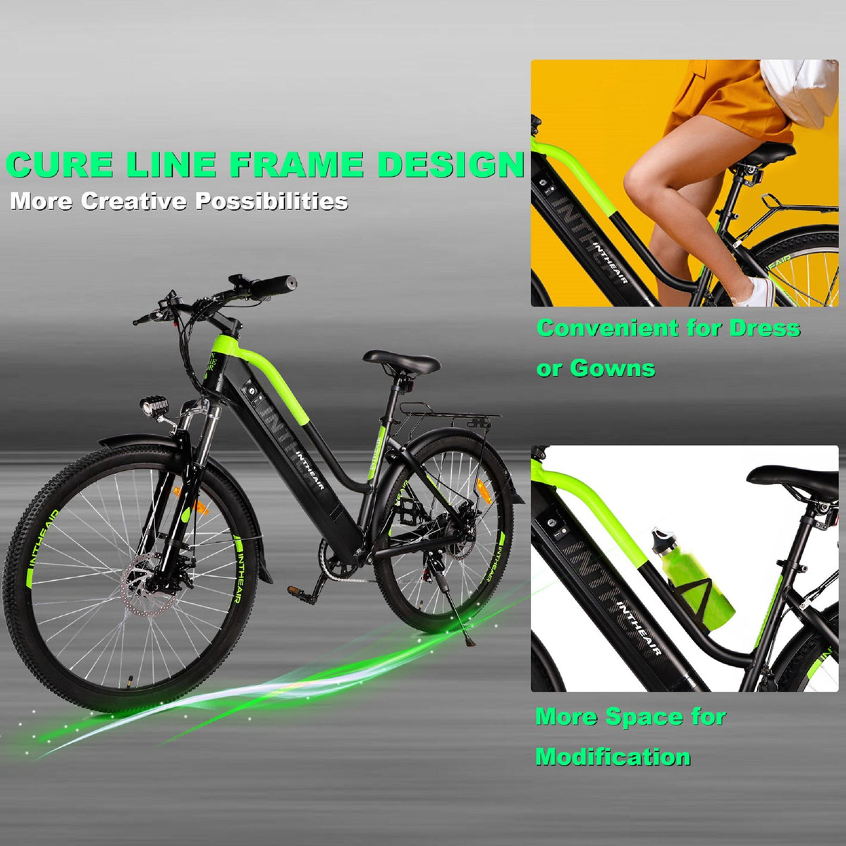 INTHEAIR Adults 26 In. 350 W Electric Mountain Commuter Bicycle for Women Men with 36 V/10.4 Ah Hidden Removable Battery, Fast Charge,  7 Speed Gears