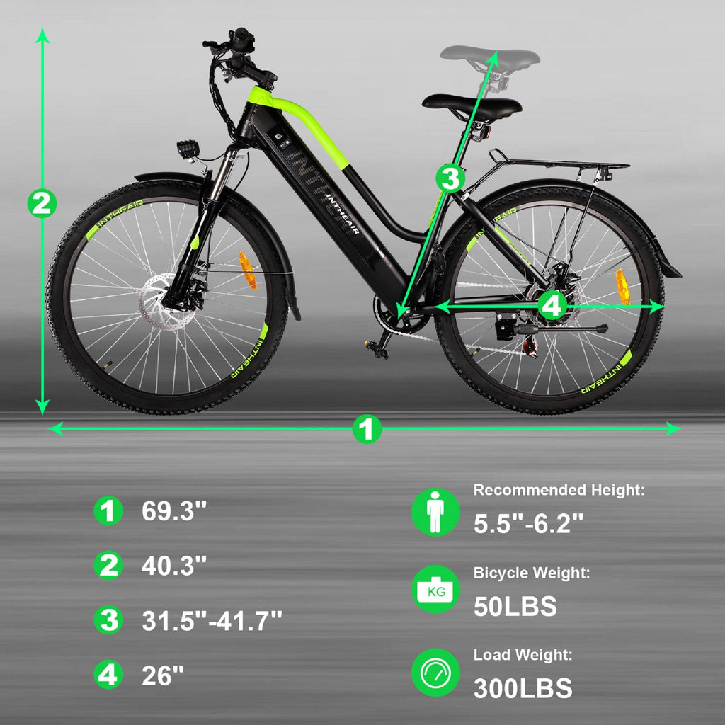 INTHEAIR Adults 26 In. 350 W Electric Mountain Commuter Bicycle for Women Men with 36 V/10.4 Ah Hidden Removable Battery, Fast Charge,  7 Speed Gears