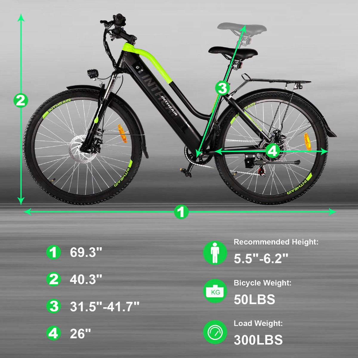 INTHEAIR Adults 26 In. 350 W Electric Mountain Commuter Bicycle for Women Men with 36 V/10.4 Ah Hidden Removable Battery, Fast Charge,  7 Speed Gears