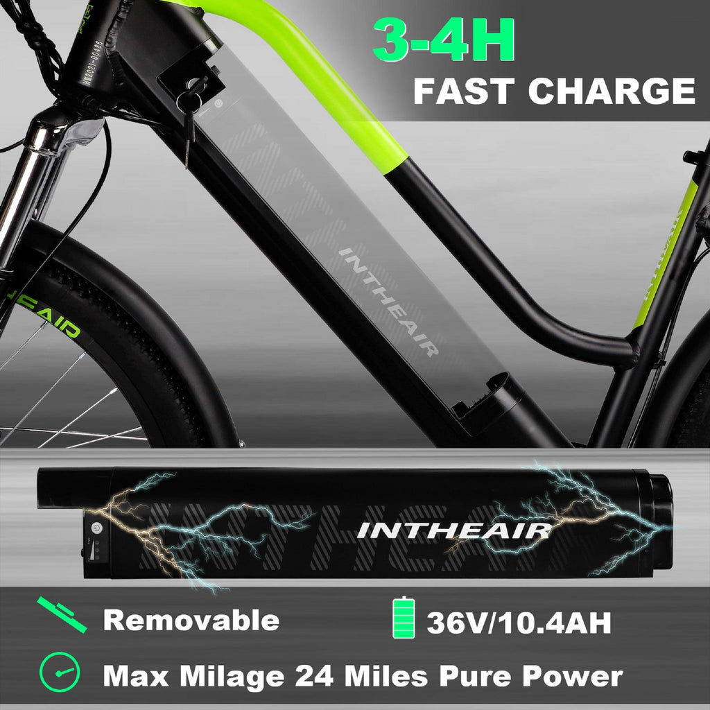 INTHEAIR Adults 26 In. 350 W Electric Mountain Commuter Bicycle for Women Men with 36 V/10.4 Ah Hidden Removable Battery, Fast Charge,  7 Speed Gears