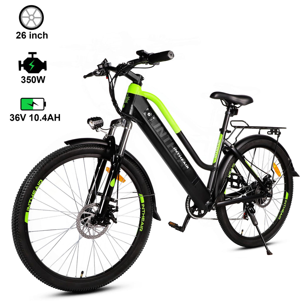 INTHEAIR Adults 26 In. 350 W Electric Mountain Commuter Bicycle for Women Men with 36 V/10.4 Ah Hidden Removable Battery, Fast Charge,  7 Speed Gears
