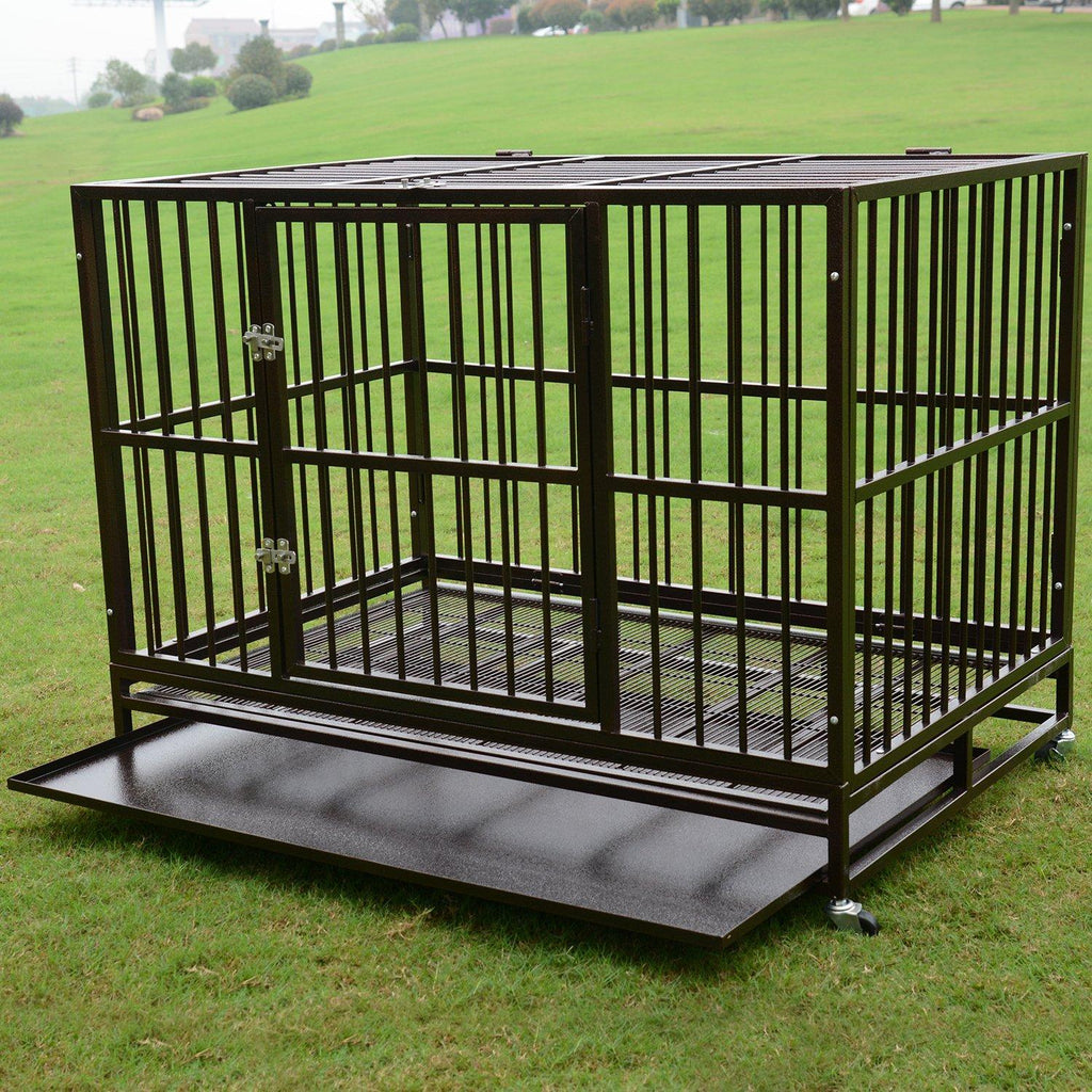 PANEY LarHeavy Duty Rolling Dog CaCrate Kennel Metal Pet Playpen w/Wheels Double Door