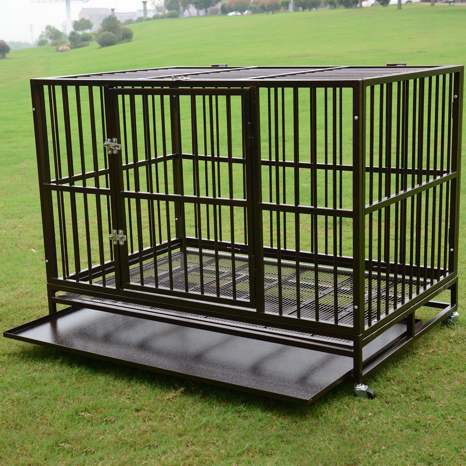 PANEY LarHeavy Duty Rolling Dog CaCrate Kennel Metal Pet Playpen w/Wheels Double Door
