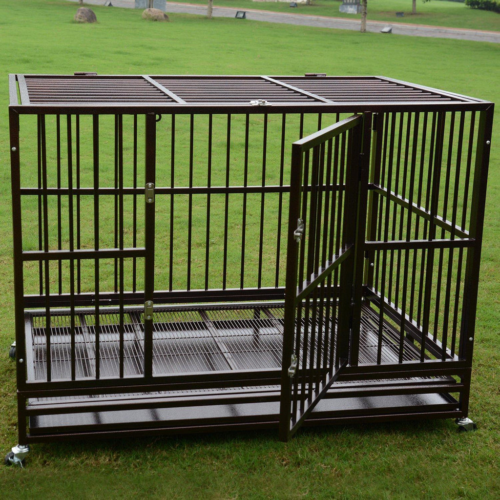 PANEY LarHeavy Duty Rolling Dog CaCrate Kennel Metal Pet Playpen w/Wheels Double Door