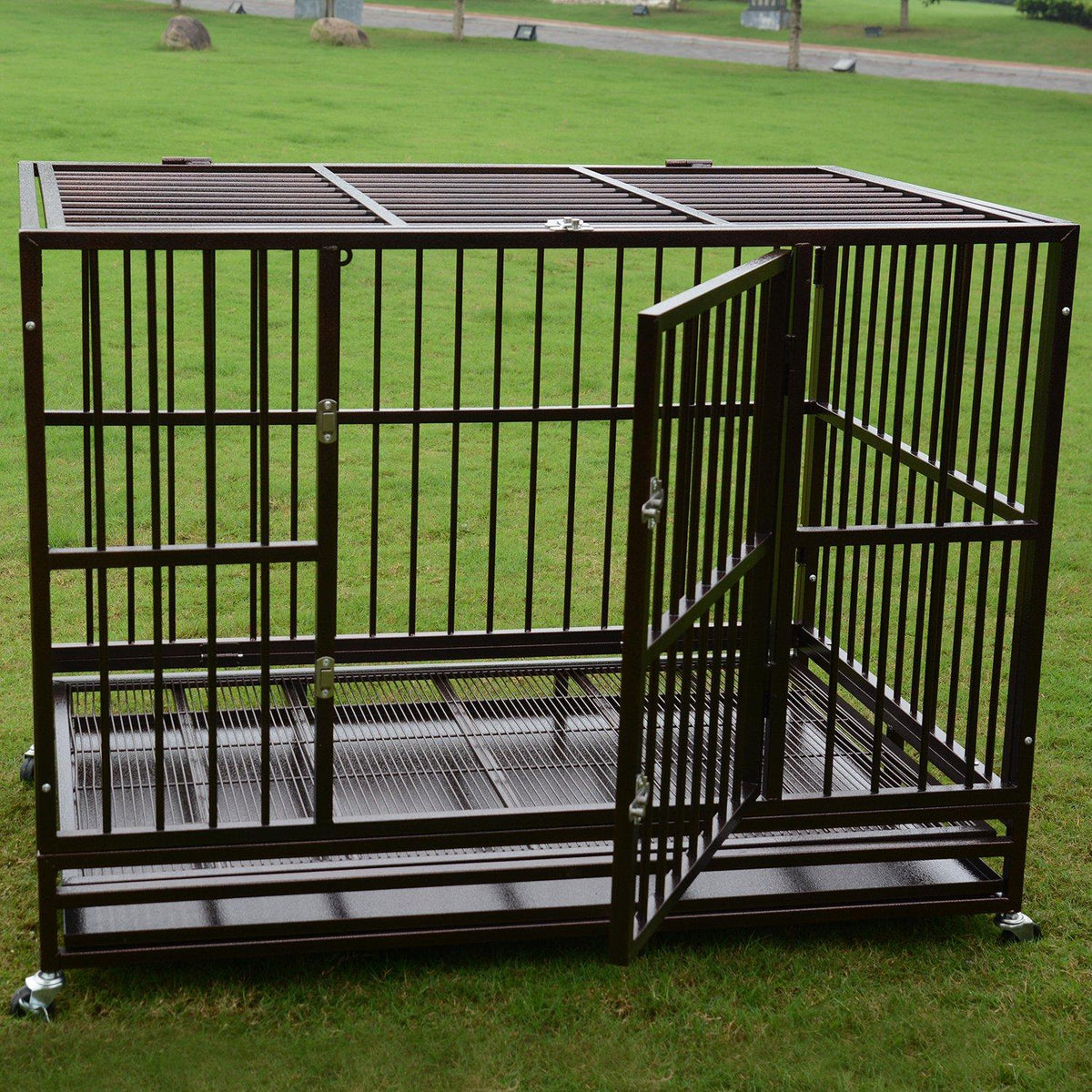 PANEY LarHeavy Duty Rolling Dog CaCrate Kennel Metal Pet Playpen w/Wheels Double Door