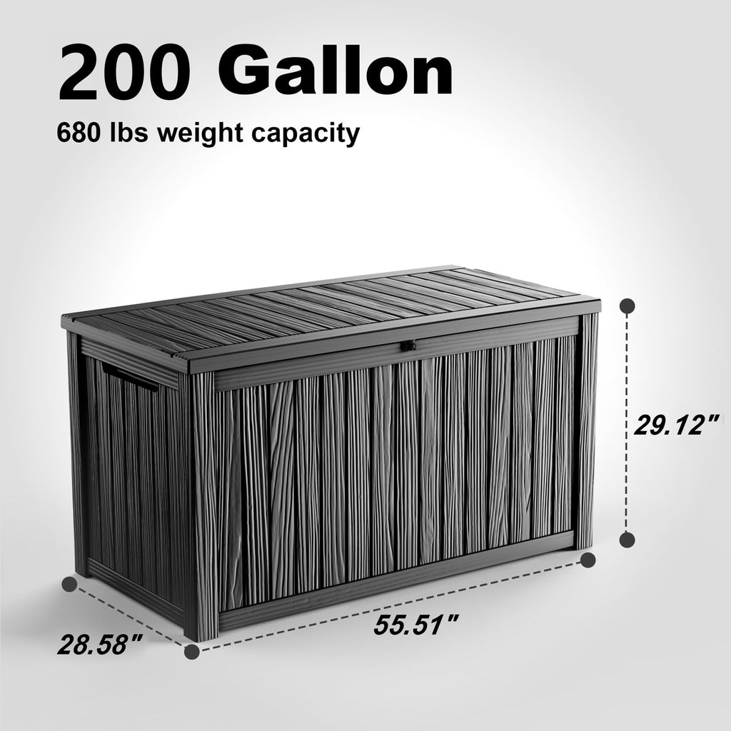 200 Gallon Outdoor Deck Box, Lockable Waterproof Outdoor StoraBoxes For Garden Tools,Indoor Cushions,Accessories Outside StoraResin Weatherproof Container(Black)