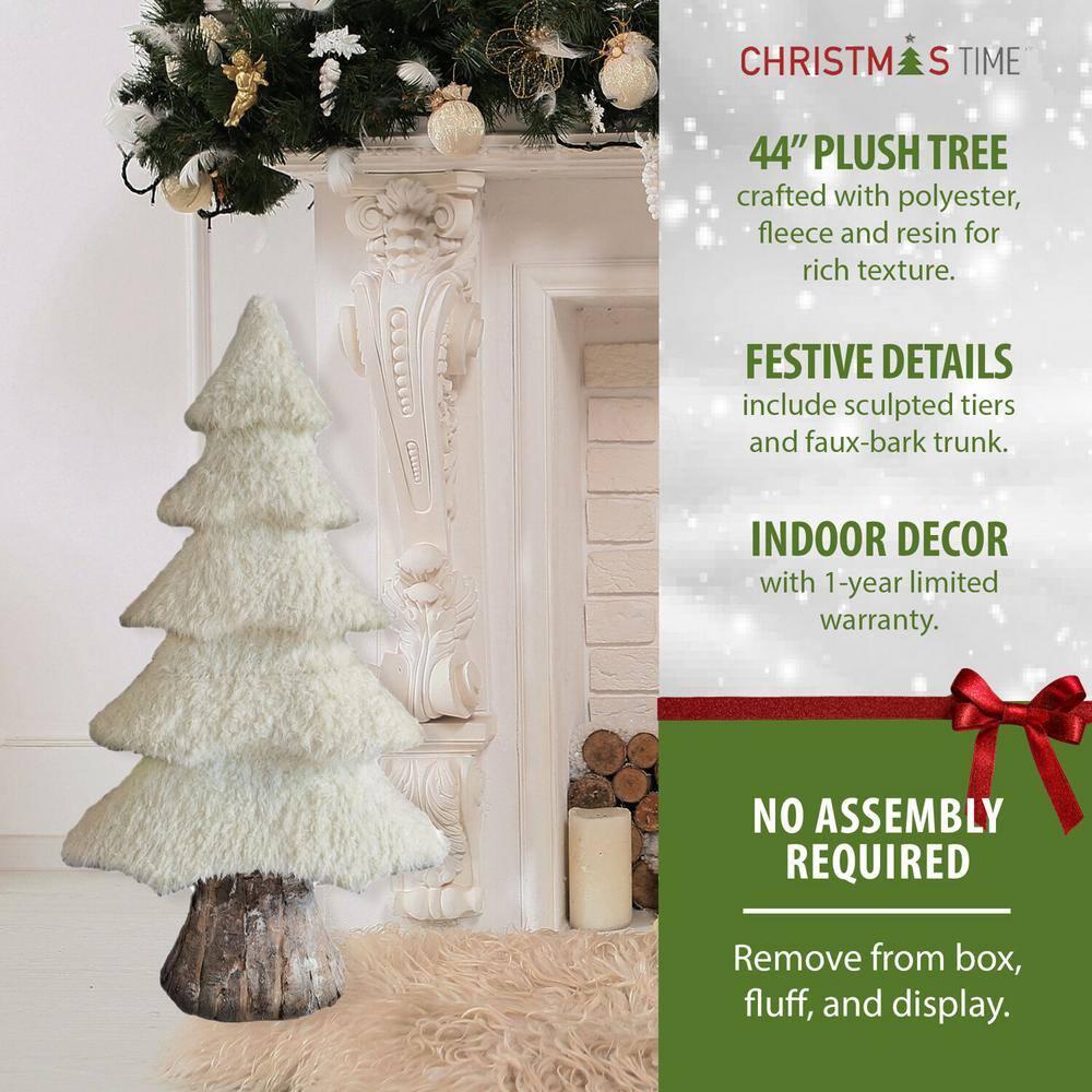 44 in. Christmas White Plush Tree with Faux-Bark Trunk