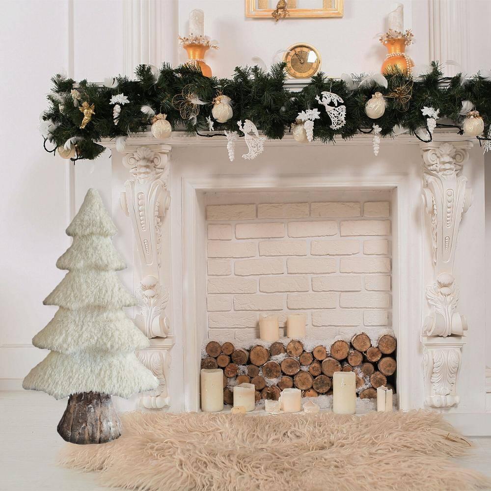 44 in. Christmas White Plush Tree with Faux-Bark Trunk