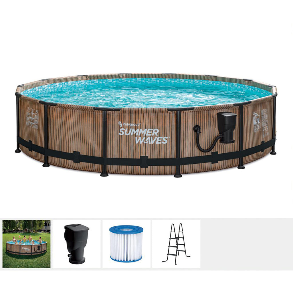 Summer Waves Natural Teak Elite 14 Foot by 36 Inch Outdoor Backyard Round Frame Above Ground Swimming Pool Set with Ladder and