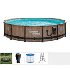 Summer Waves Natural Teak Elite 14 Foot by 36 Inch Outdoor Backyard Round Frame Above Ground Swimming Pool Set with Ladder and