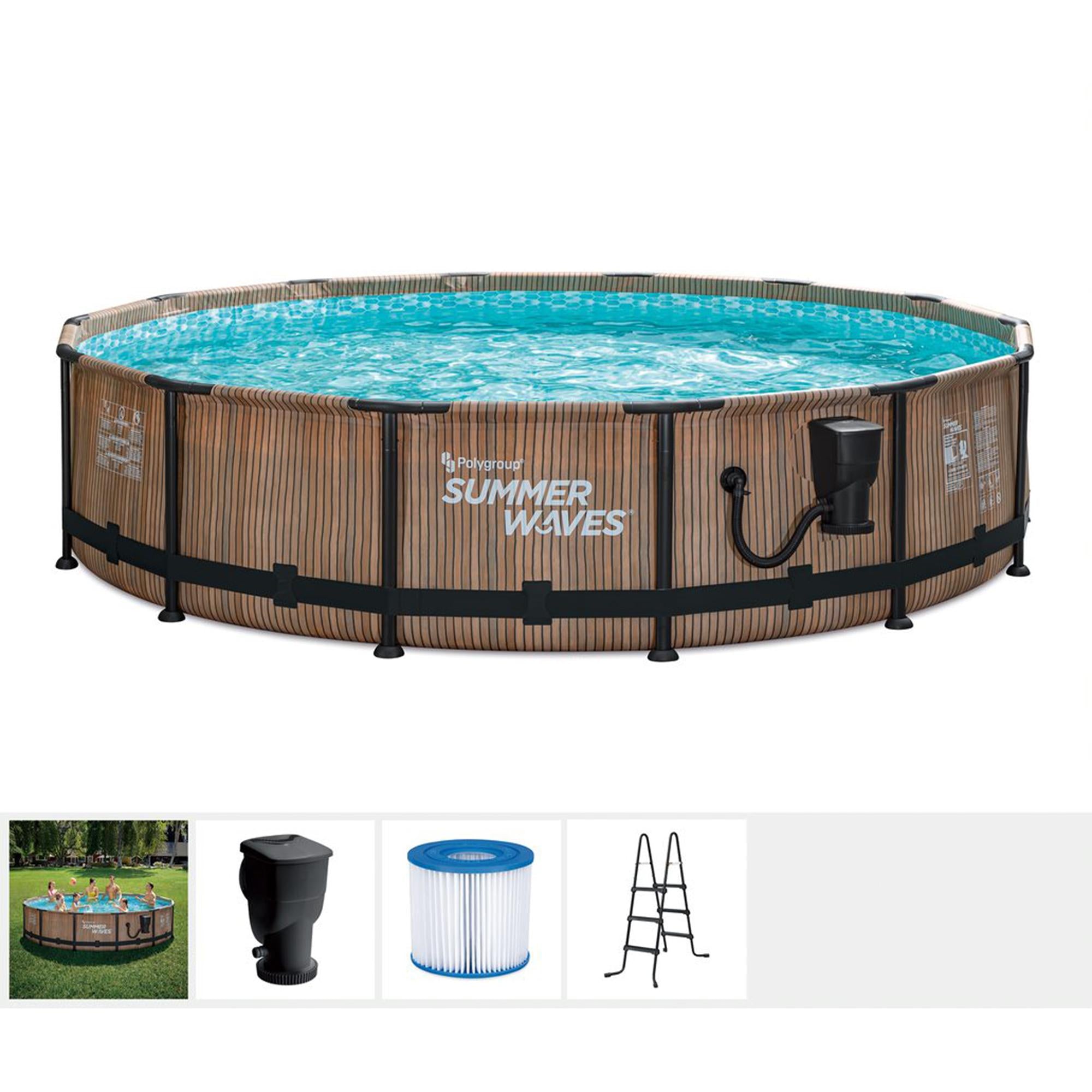 Summer Waves Natural Teak Elite 14 Foot by 36 Inch Outdoor Backyard Round Frame Above Ground Swimming Pool Set with Ladder and