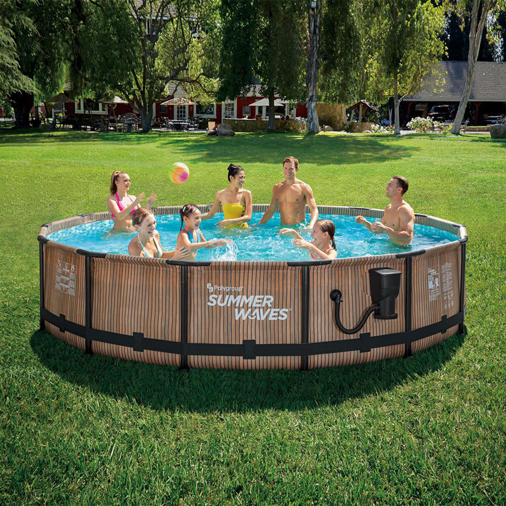 Summer Waves Natural Teak Elite 14 Foot by 36 Inch Outdoor Backyard Round Frame Above Ground Swimming Pool Set with Ladder and
