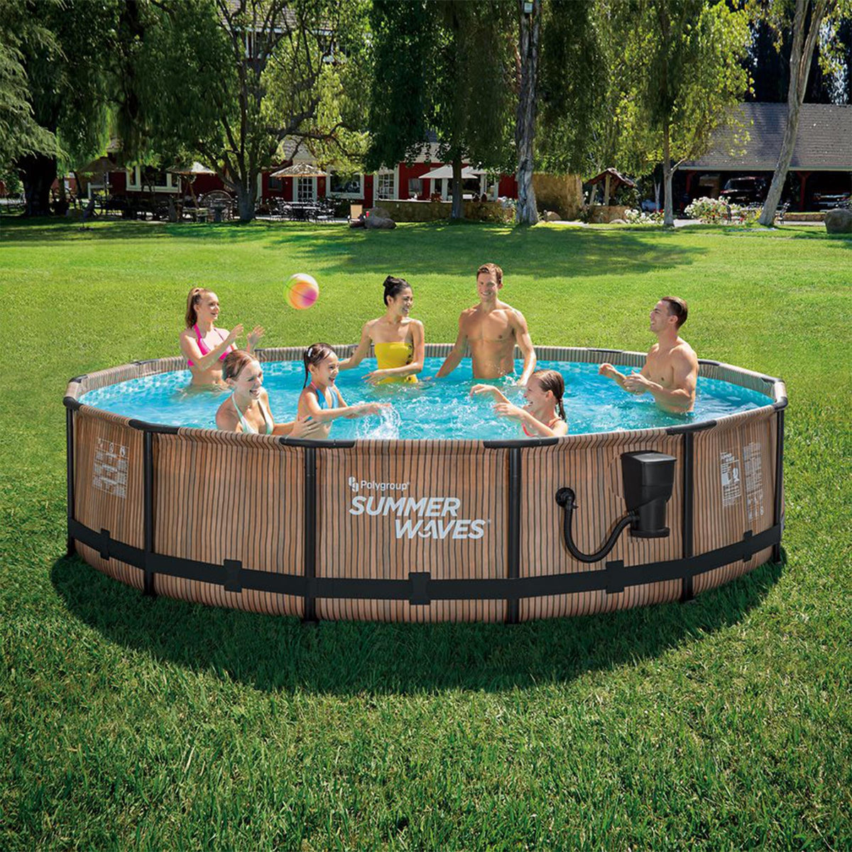 Summer Waves Natural Teak Elite 14 Foot by 36 Inch Outdoor Backyard Round Frame Above Ground Swimming Pool Set with Ladder and