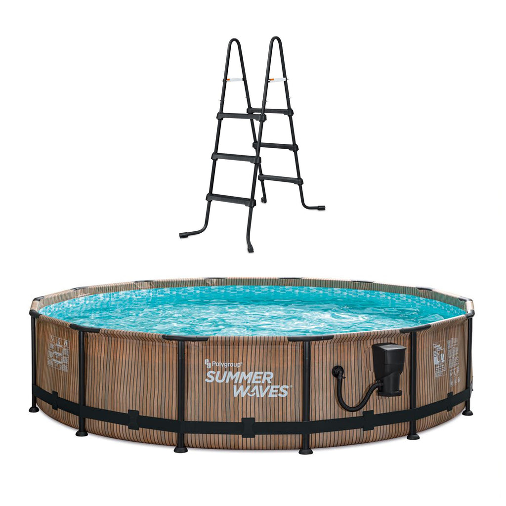 Summer Waves Natural Teak Elite 14 Foot by 36 Inch Outdoor Backyard Round Frame Above Ground Swimming Pool Set with Ladder and