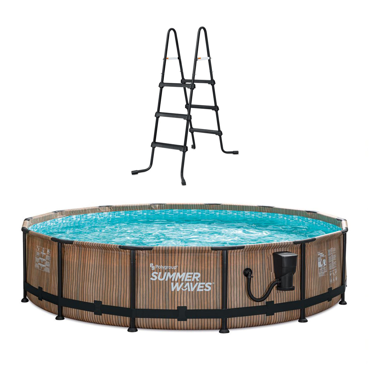 Summer Waves Natural Teak Elite 14 Foot by 36 Inch Outdoor Backyard Round Frame Above Ground Swimming Pool Set with Ladder and