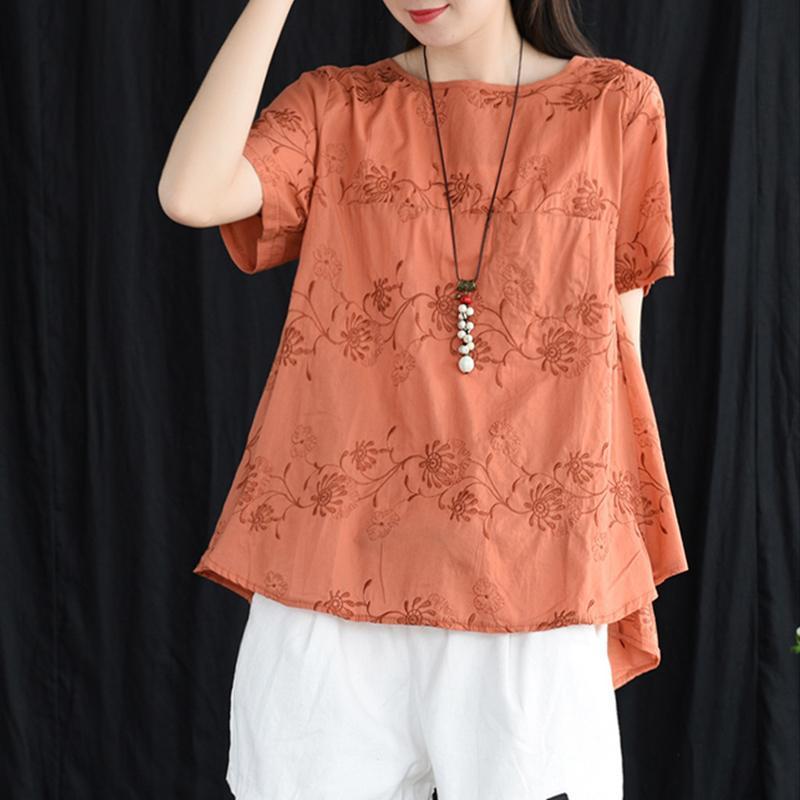 summer floral embroidered cotton loose t-shirt