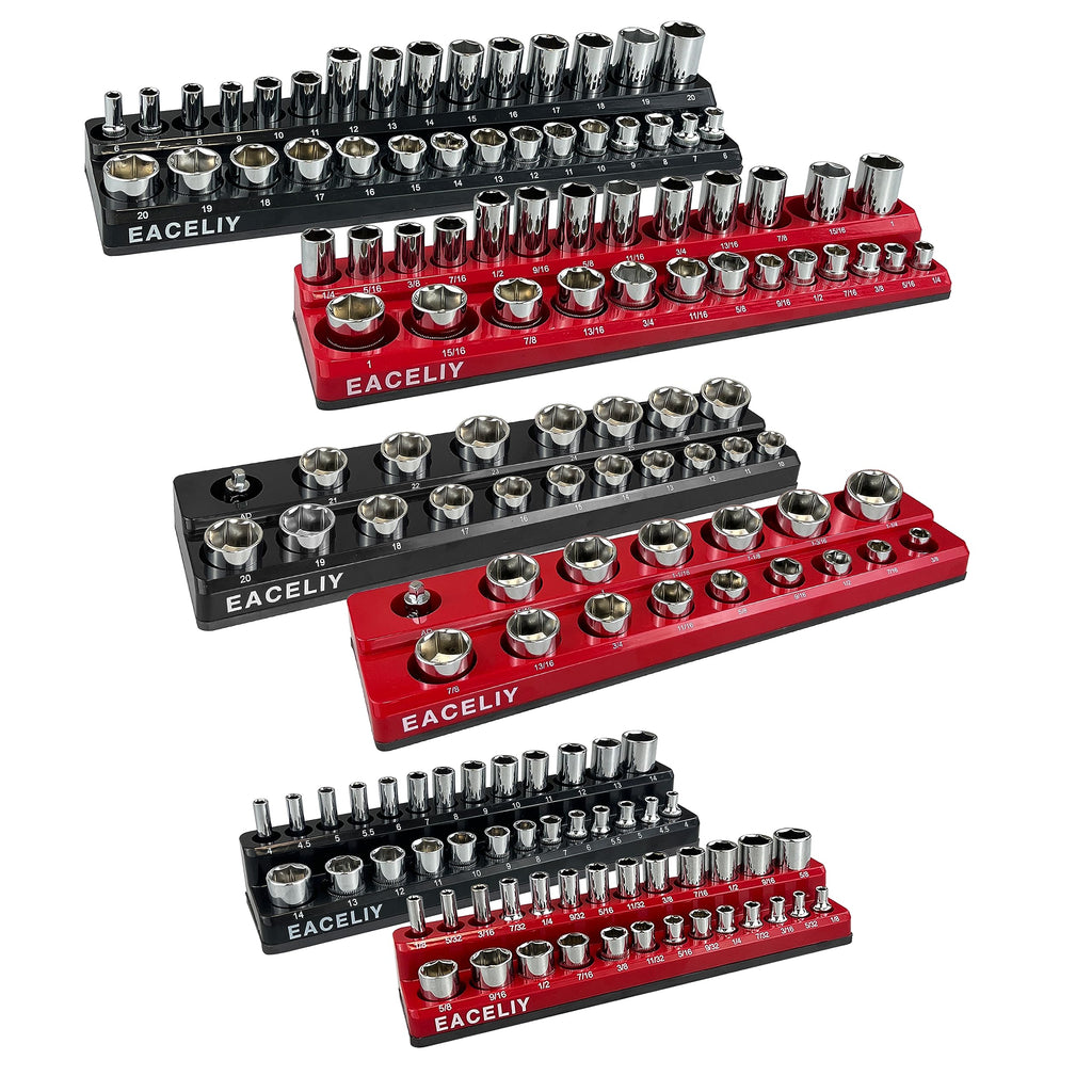Magnetic Socket Organizer Set, 1/2", 1/4" and 3/8" SAE & Metric Deep & Shallow Socket Holder Kit, holds 141 stanard Sockets, attaches to steel box/tool cart (sockets not included) 丨6PCS
