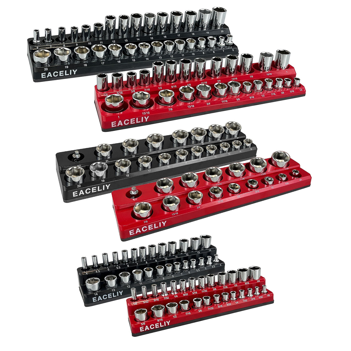 Magnetic Socket Organizer Set, 1/2", 1/4" and 3/8" SAE & Metric Deep & Shallow Socket Holder Kit, holds 141 stanard Sockets, attaches to steel box/tool cart (sockets not included) 丨6PCS