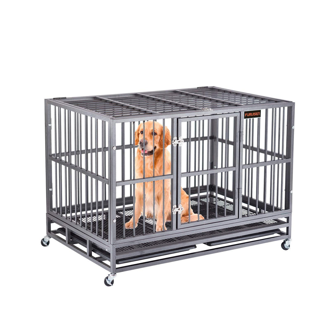 FURUISEN 37/42/48 Inch Heavy Duty Dog Crate, Strong Metal Military Pet Kennel Playpen LarDogs Cawith Lockable Wheels &amp; Two Prevent Escape Lock