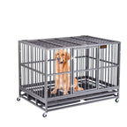 FURUISEN 37/42/48 Inch Heavy Duty Dog Crate, Strong Metal Military Pet Kennel Playpen LarDogs Cawith Lockable Wheels &amp; Two Prevent Escape Lock