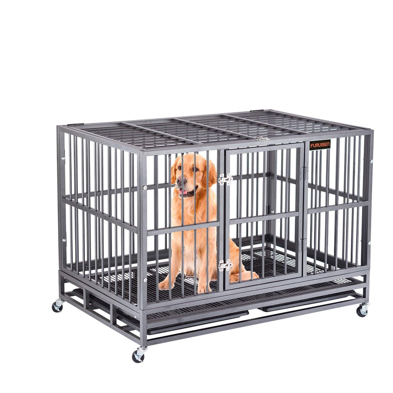 FURUISEN 37/42/48 Inch Heavy Duty Dog Crate, Strong Metal Military Pet Kennel Playpen LarDogs Cawith Lockable Wheels &amp; Two Prevent Escape Lock