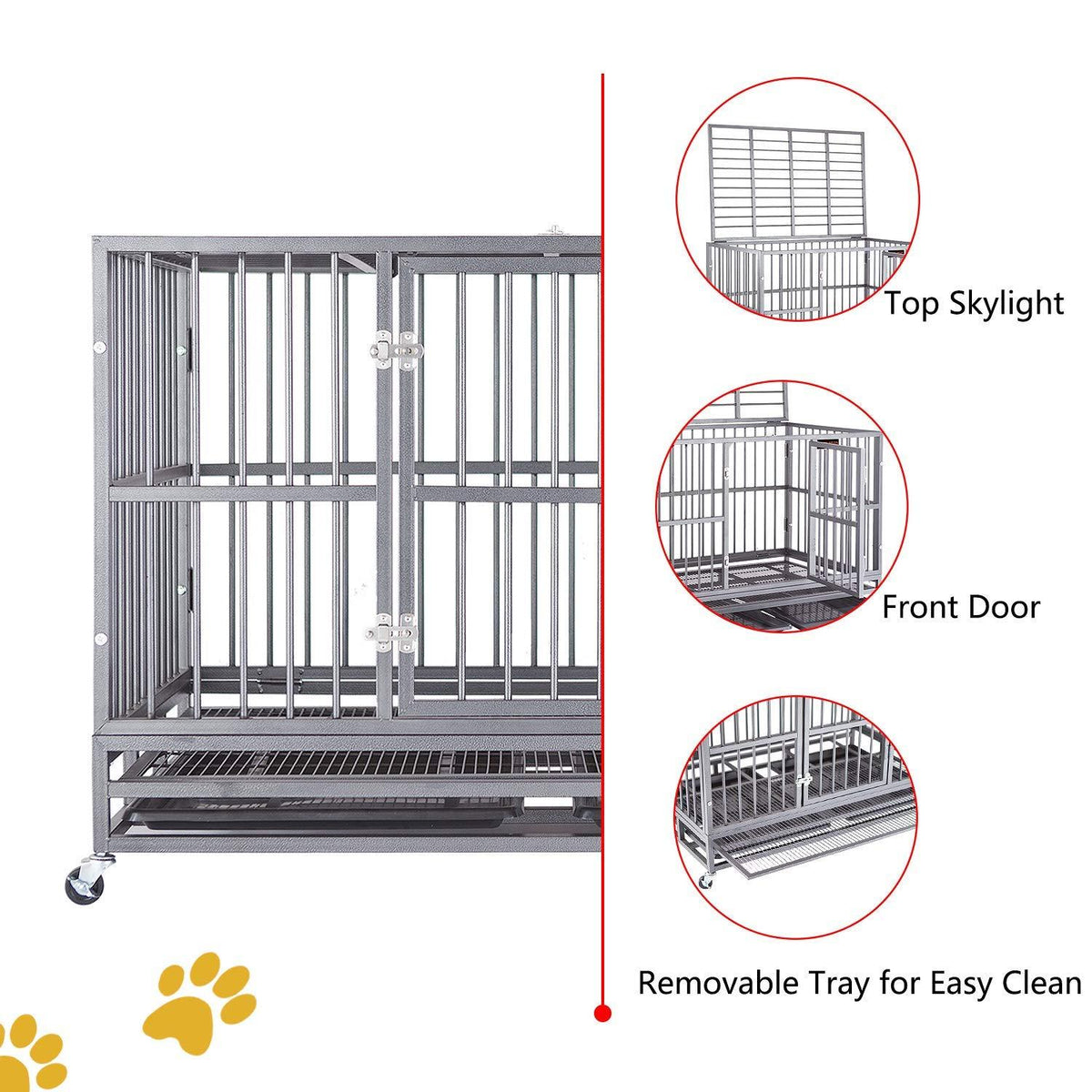 FURUISEN 37/42/48 Inch Heavy Duty Dog Crate, Strong Metal Military Pet Kennel Playpen LarDogs Cawith Lockable Wheels &amp; Two Prevent Escape Lock