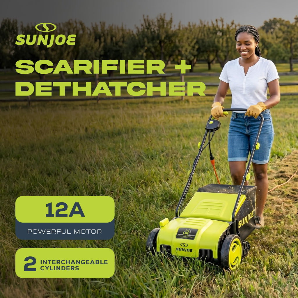 Corded Electric Lawn Dethatcher and Scarifier, 12-Amp, 12.6-Inch Cutting Width - Heavy-Duty Yard Trimmer and Mower Machine for Gardening Care and Maintenance, AJ798E