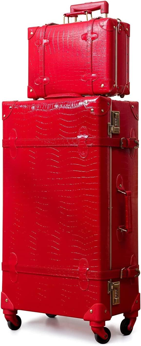 Cute  Look Lightweight Spinner Luggage Set of 2 Pieces, Travel Set includes a Tote Bag, Luxury er Retro Trunk Luggage (26"+12", Red)