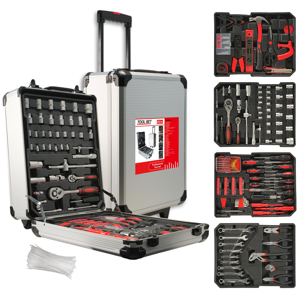 515 PCS General Household Tool Kit Aluminum Trolley Case Tool Set for Men | 4-Drawer Hand Tool Set for Home Repair, Car, Garage, Maintenance, Auto Repair Toolbox with Wheel