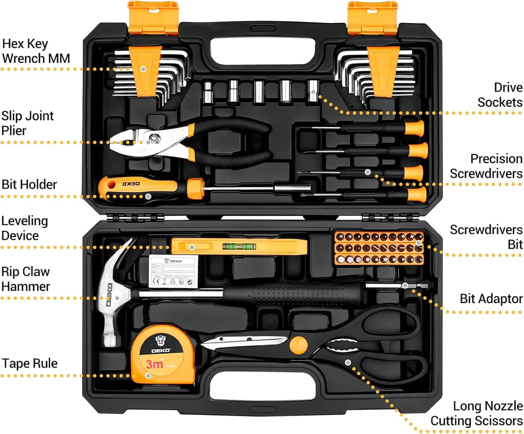 62-Piece Household Tool Set：Small Basic Home Tool Kit with Plastic Toolbox, Hand Tools with StoraCase