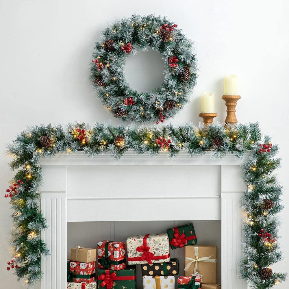 2-Pack 9 ft. Pre-Lit Greenery Pine Cones and  Red Berries Artificial Christmas Garland, with 50 White Lights with Timer
