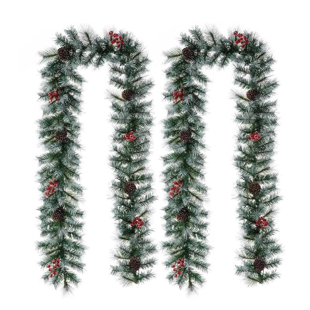 2-Pack 9 ft. Pre-Lit Greenery Pine Cones and  Red Berries Artificial Christmas Garland, with 50 White Lights with Timer