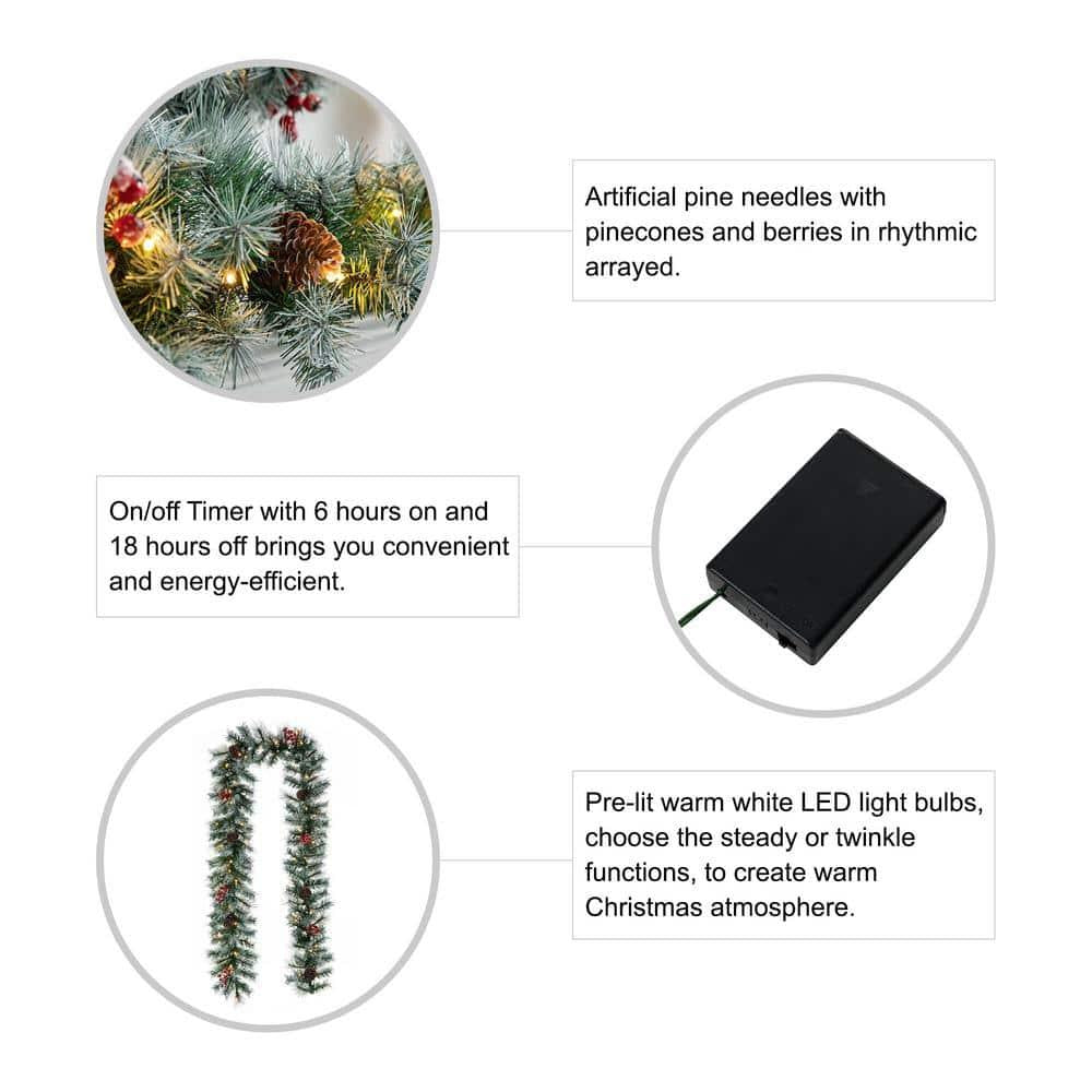 2-Pack 9 ft. Pre-Lit Greenery Pine Cones and  Red Berries Artificial Christmas Garland, with 50 White Lights with Timer