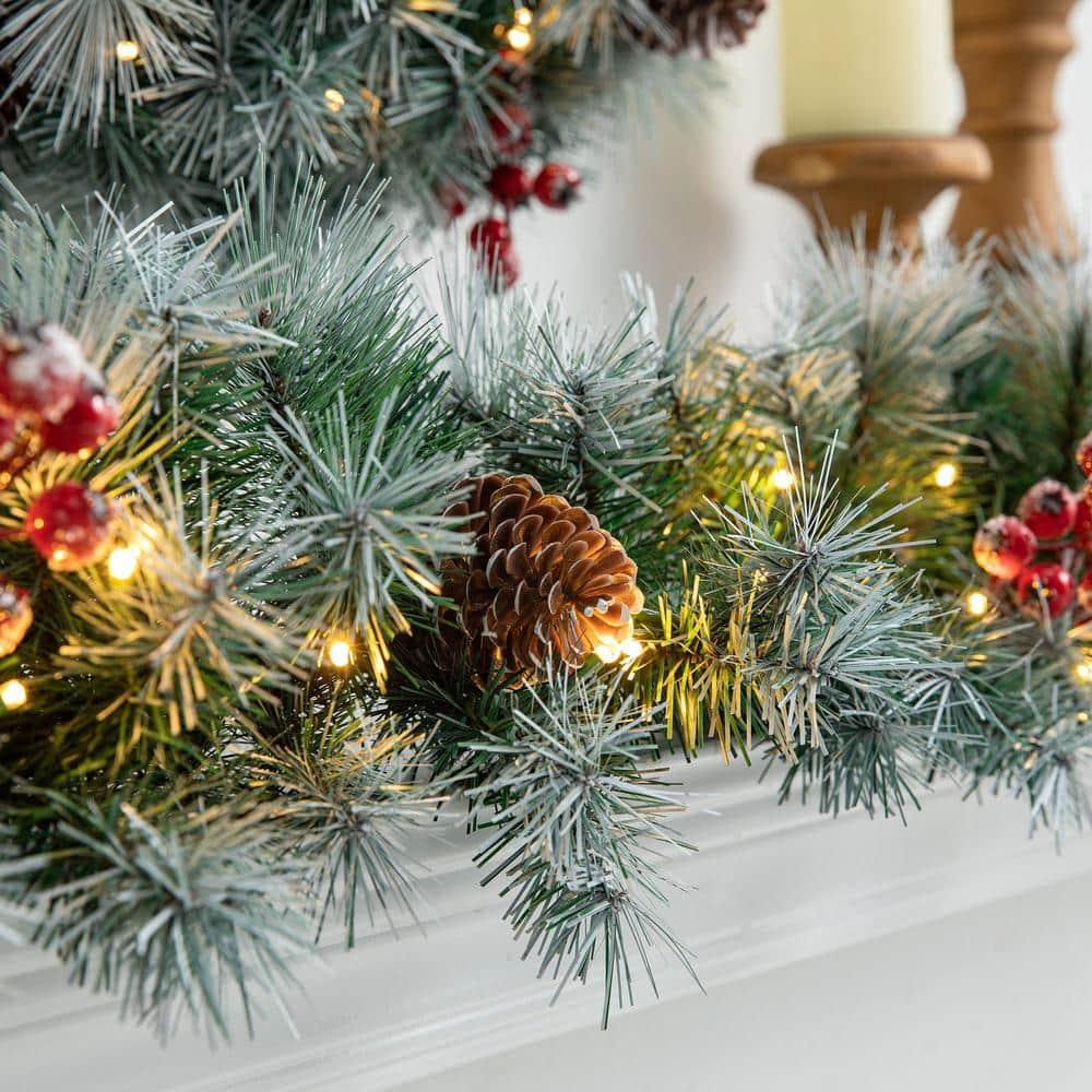 2-Pack 9 ft. Pre-Lit Greenery Pine Cones and  Red Berries Artificial Christmas Garland, with 50 White Lights with Timer