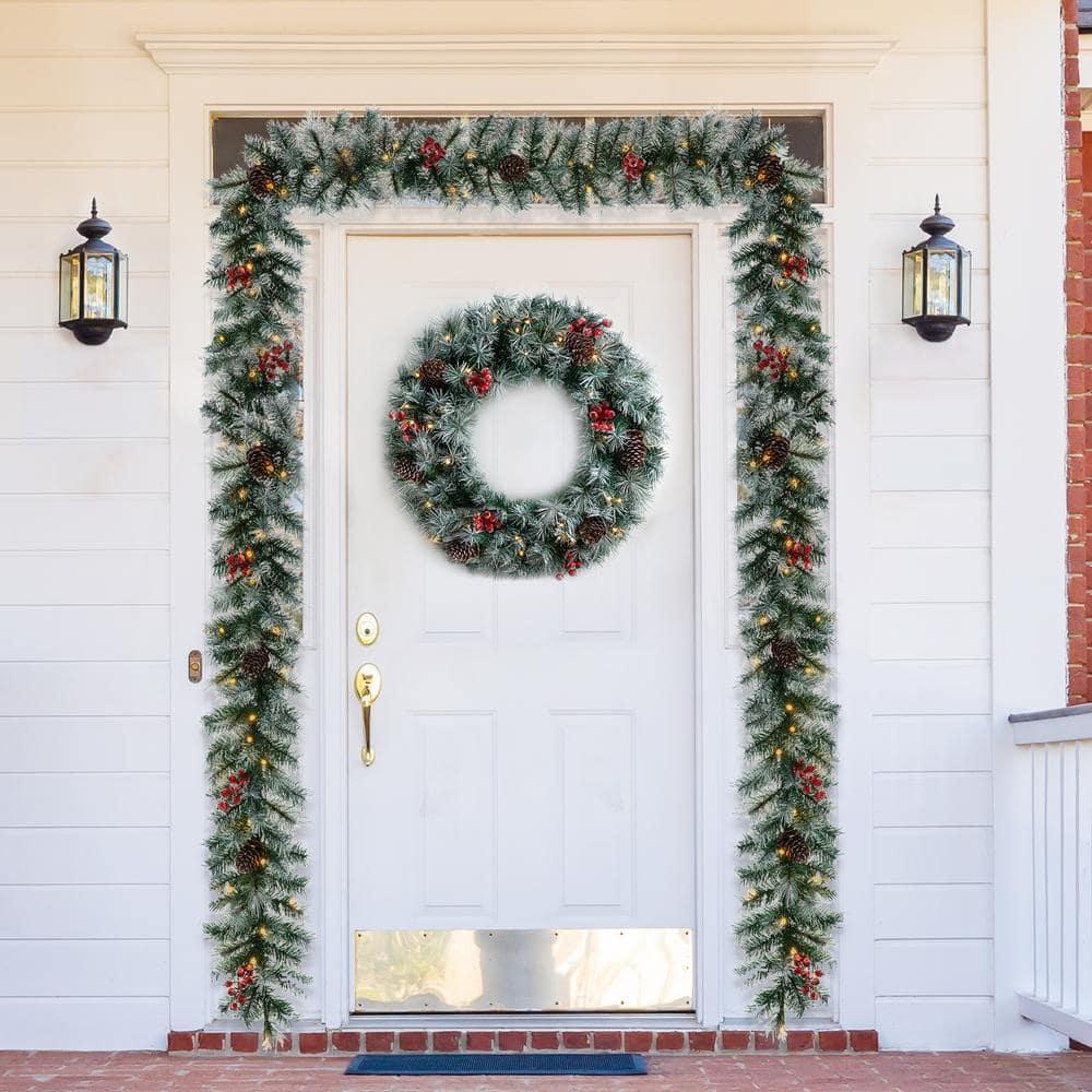 2-Pack 9 ft. Pre-Lit Greenery Pine Cones and  Red Berries Artificial Christmas Garland, with 50 White Lights with Timer
