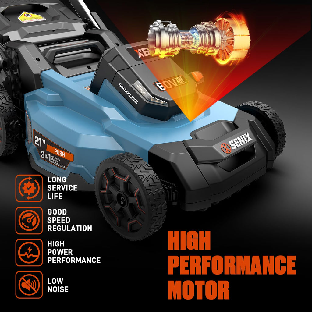 21" 60V Electric Push Lawn Mower, Cordless Push Mower with 6.0Ah Battery &amp; Charger, 7-Height Adjustment, LED Light (Note: Battery &amp; Mower Shipped Separately)