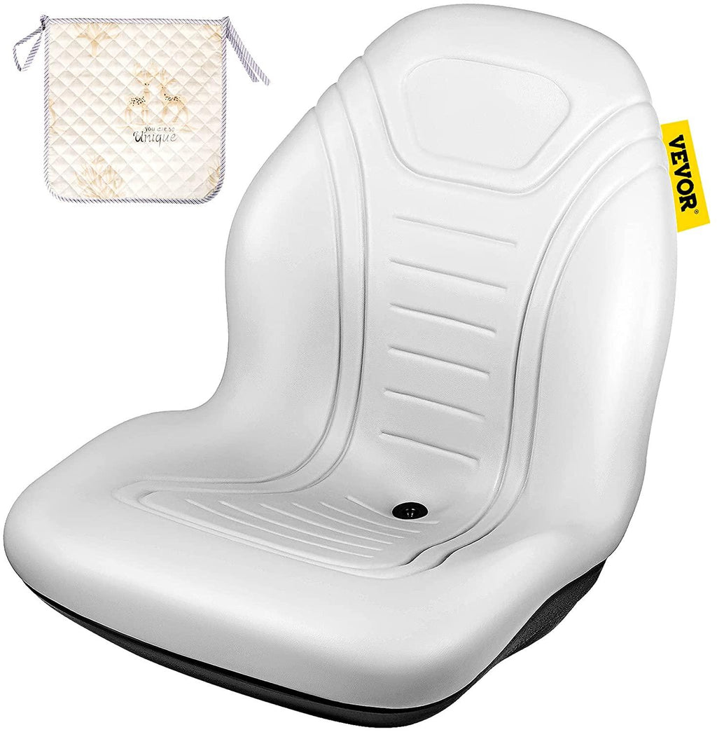 vevor universal tractor seat replacement, compact high back mower seat, grey vinyl forklift seat, central drain hole skid steer seat with mounting bolt patterns of 8" x 11.5" &amp; 11.25" x 11.5"