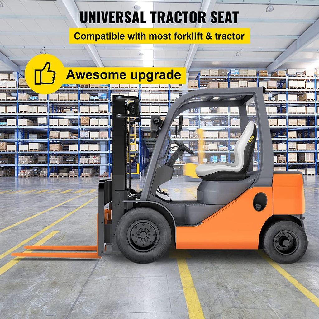 vevor universal tractor seat replacement, compact high back mower seat, grey vinyl forklift seat, central drain hole skid steer seat with mounting bolt patterns of 8" x 11.5" &amp; 11.25" x 11.5"