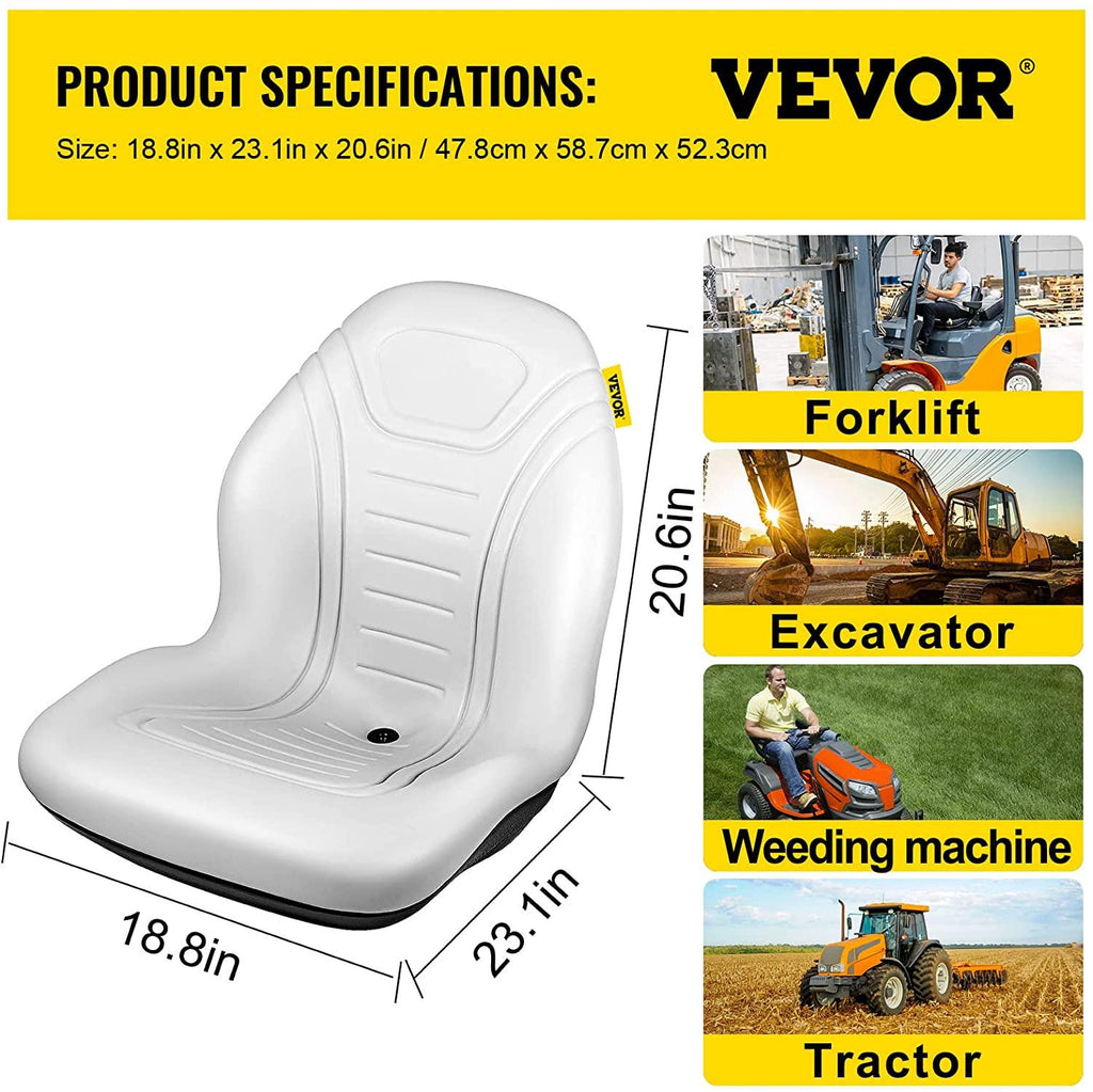 vevor universal tractor seat replacement, compact high back mower seat, grey vinyl forklift seat, central drain hole skid steer seat with mounting bolt patterns of 8" x 11.5" &amp; 11.25" x 11.5"