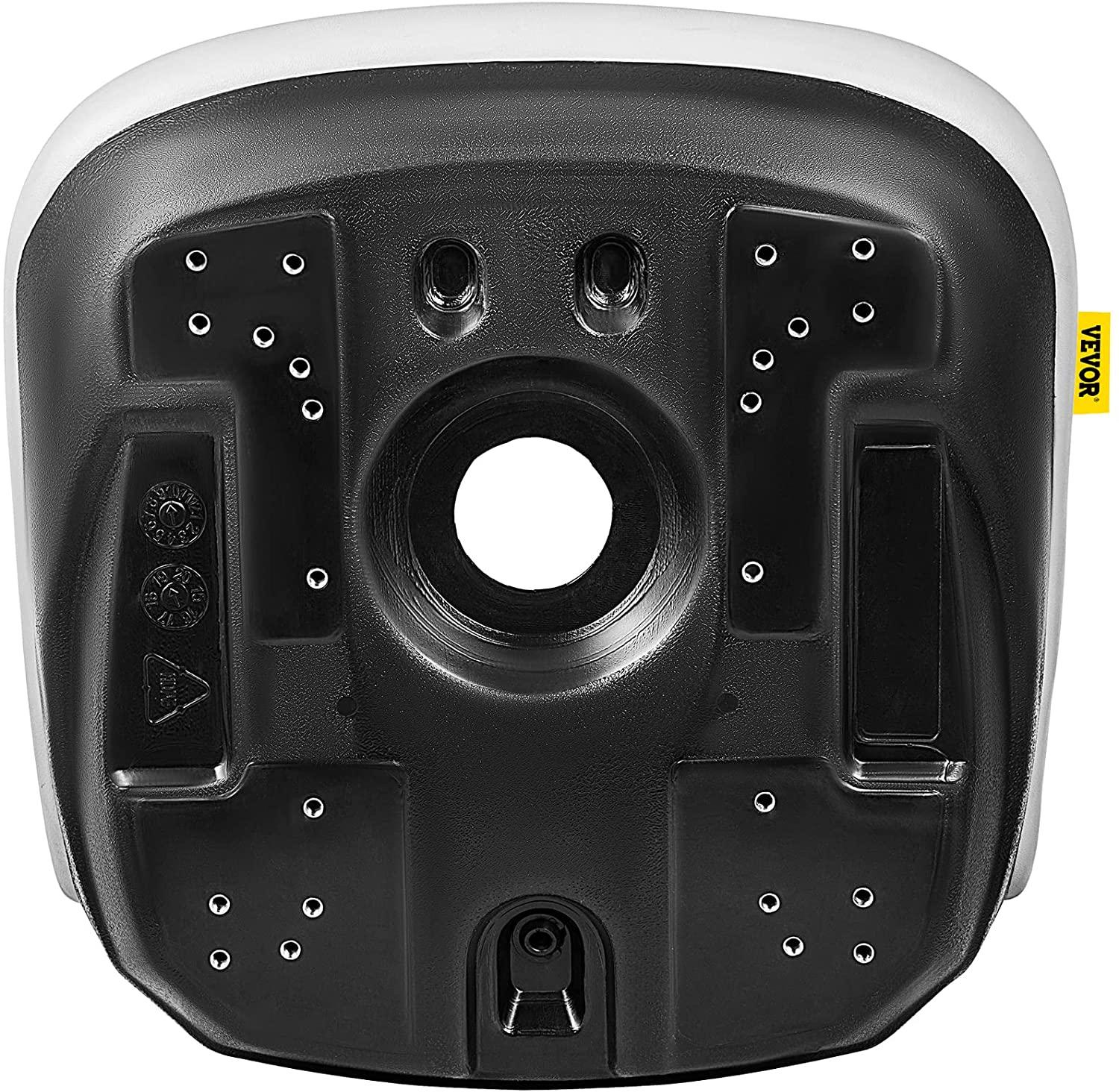 vevor universal tractor seat replacement, compact high back mower seat, grey vinyl forklift seat, central drain hole skid steer seat with mounting bolt patterns of 8" x 11.5" &amp; 11.25" x 11.5"