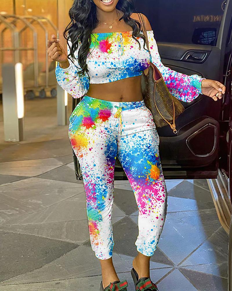 off shoulder ink splash print crop top &amp; drawstring pants set