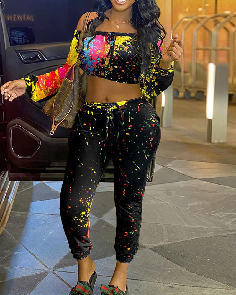 off shoulder ink splash print crop top &amp; drawstring pants set